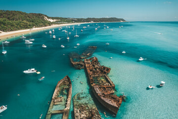 Aerial view of the Tangalooma wrecks in Moreton Bay, Queensland, Australia - obrazy, fototapety, plakaty