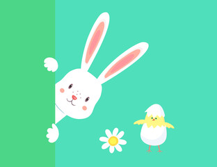Easter rabbit, easter Bunny.Colorful greeting card with rabbit, bunny, chamomile and chicken on isolated green background.Vector illustration.