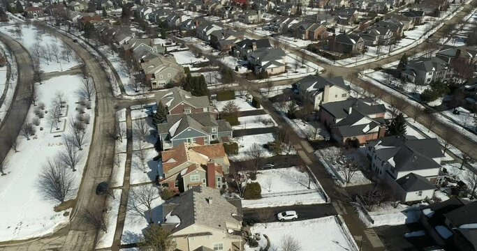 Aerial view of a neighborhood in winter