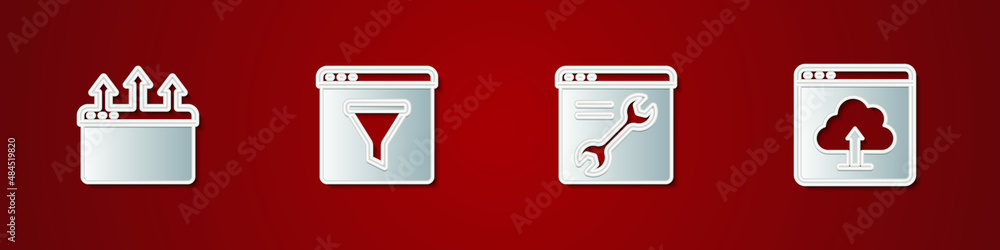 Poster set browser window, setting and cloud upload icon. vector
