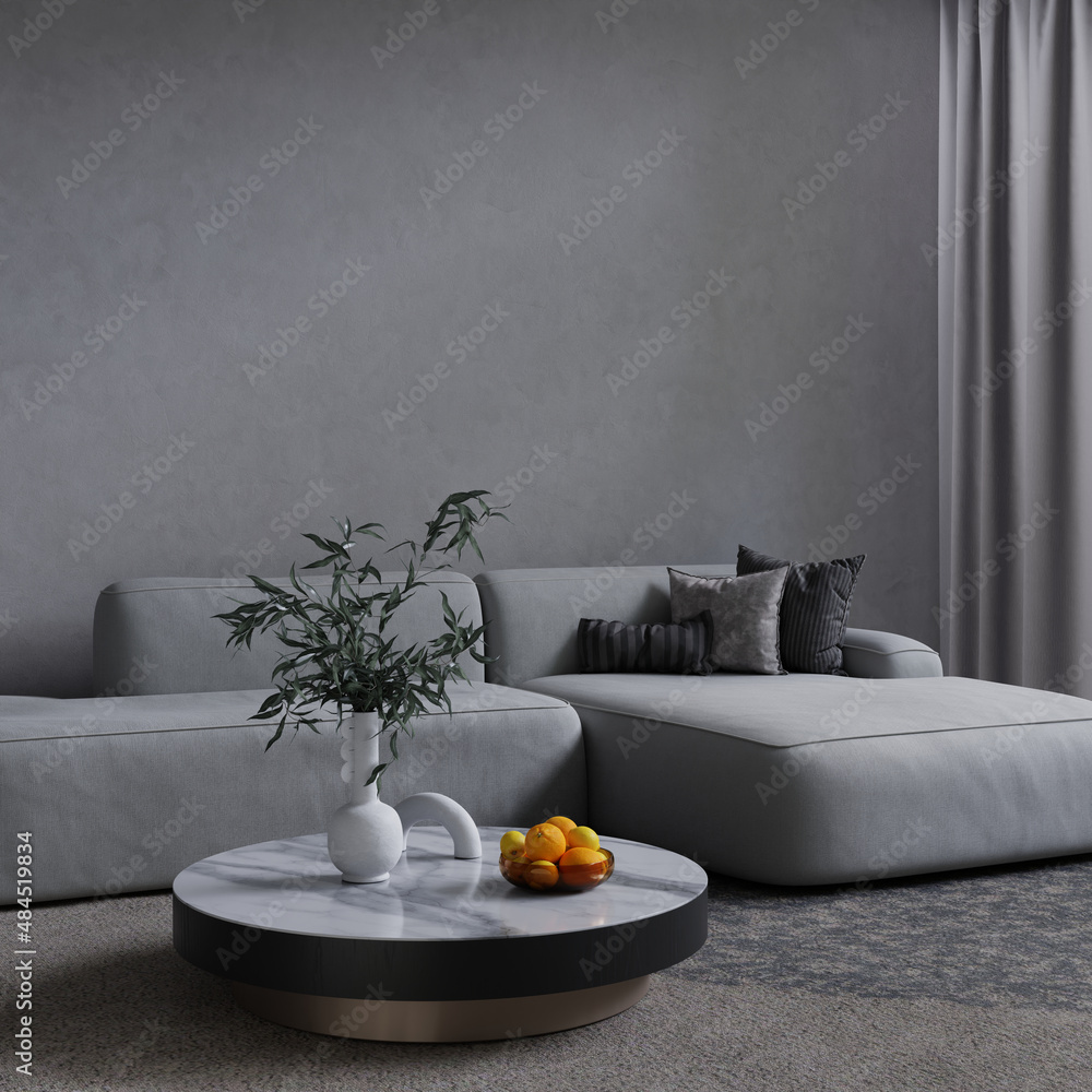 Poster minimalist gray interior with sofa and coffee table on the carpet. big empty wall mock up. 3d render