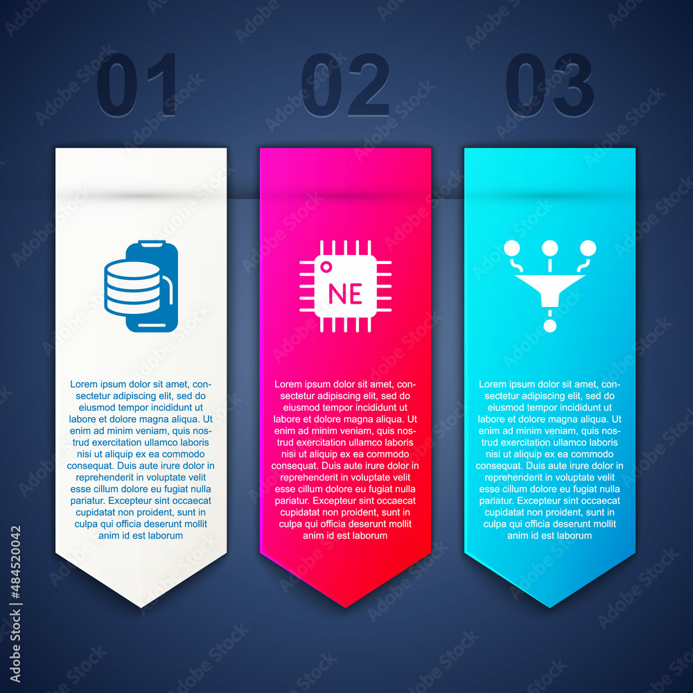 Poster set cloud technology data transfer, processor cpu and funnel filter. business infographic template. 