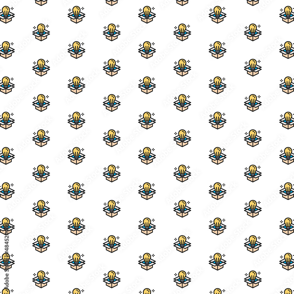Poster vector light bulb in box, innovation, creative idea pattern with various icons.
