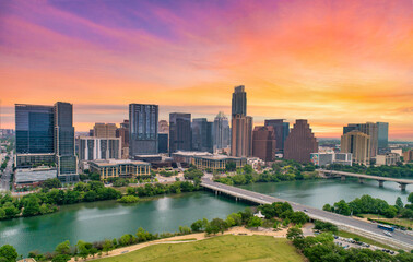 Austin, Texas, USA Drone Skyline Aerial Panorama - obrazy, fototapety, plakaty