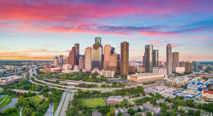 Downtown Houston, Texas, USA Drone Skyline Aerial Panorama - obrazy, fototapety, plakaty