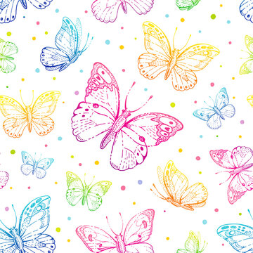 Butterfly pattern. Vector seamless background. Abstract colour fabric design. Cute illustration with neon pink, blue, purple butterfly silhouette. Spring or summer drawing. Floral graphic pattern art