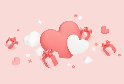 Happy Valentine's Day banner with hearts and gifts. Romantic poster with falling present box. Mockup for greeting card. 3D Rendering