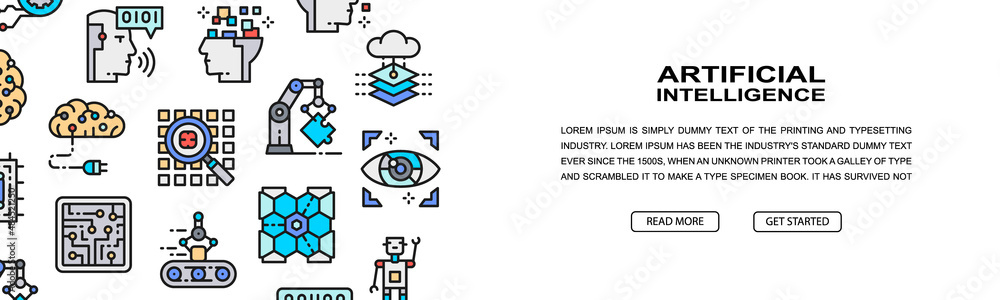 Aufkleber artificial intelligence horizontal icon banner design. robotics, chatbot, database, big data promoti