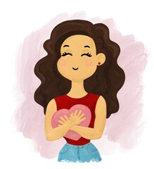 Illustration of Brown hair girl with heart for Saint Valentine’s Day on the pink watercolor background 