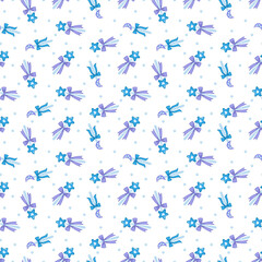 Fototapeta na wymiar Seamless pattern with cute magic wands decorated with blue star and moon. Magical children's print for clothes and cards. Vector illustration in a minimalistic flat style.