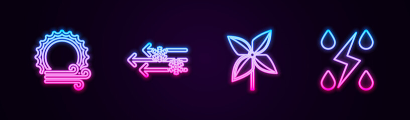 Set line Wind and sun, snow, Pinwheel and Storm. Glowing neon icon. Vector