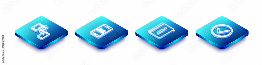 Poster set isometric line chat messages on mobile, mobile with faq information, user manual and check mark 