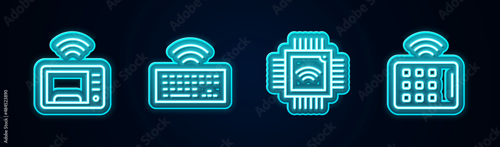 Poster set line smart microwave oven, wireless keyboard, processor with microcircuits cpu and tablet. glowi