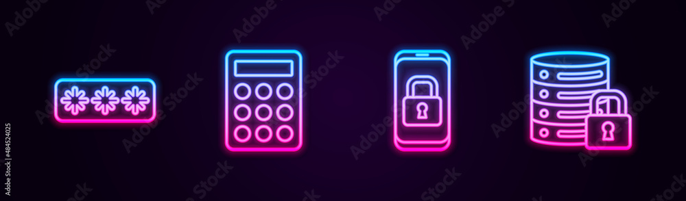 Poster set line password protection, , mobile with closed padlock and server security. glowing neon icon. v