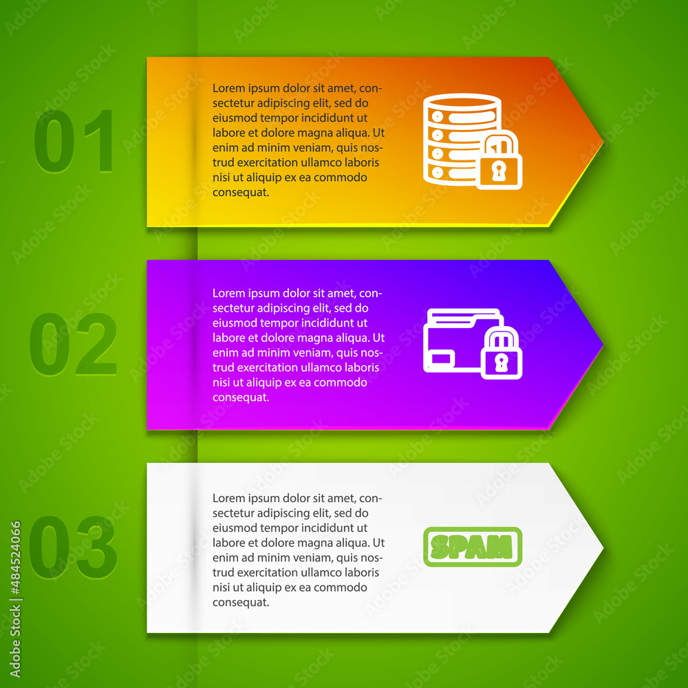 Poster set line server security with lock, folder and, spam and lock check mark. business infographic templ