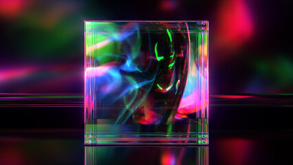 Mirrored diamond cube on an abstract background. Red green color. 3d illustration