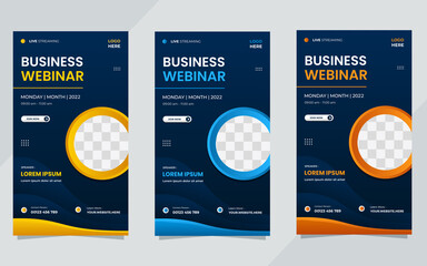 Set of business webinar social media stories template with circle frame and navy blue background