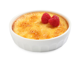 Delicious creme brulee with fresh raspberries isolated on white