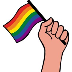 white hand holding LGBTQ+ flag