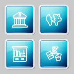 Set line Bank building, Broken piggy bank, Pie chart infographic and Tearing money banknote icon. Vector
