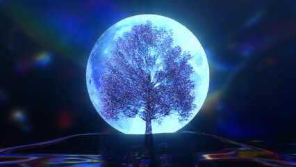  Diamond tree on the background of the moon. Blue neon color. 3d Illustration