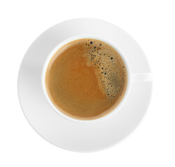 Cup of tasty coffee isolated on white, top view