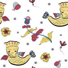 Folk russian seamless pattern, with sirin - half bird half woman creature and floral elements