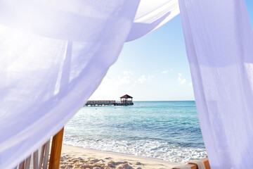 Fototapeta na wymiar Beach luxury pergola on Caribbean sea view
