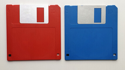 Colored magnetic floppy disks on the table.