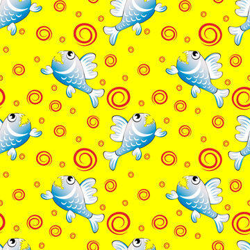 Seamless pattern on a square background is a predatory evil piranha fish. Fabulous underwater world. Styling, cartoon style. Design element of books, notebooks, postcards, interior items. Wallpapers