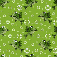 Seamless pattern on a square background is a predatory evil piranha fish. Fabulous underwater world. Styling, cartoon style. Design element of books, notebooks, postcards, interior items. Wallpapers