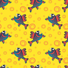 Seamless pattern on a square background is a predatory evil piranha fish. Fabulous underwater world. Styling, cartoon style. Design element of books, notebooks, postcards, interior items. Wallpapers