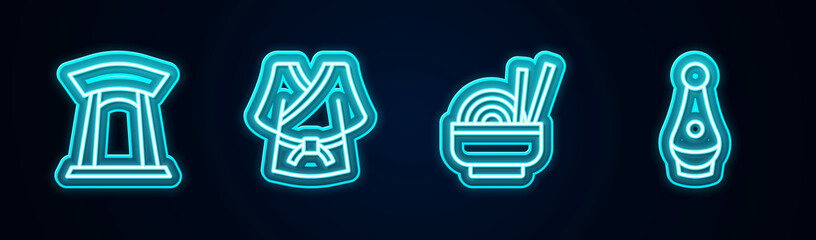 Set line Korean gate, Kimono, Asian noodles in bowl and Soju bottle. Glowing neon icon. Vector