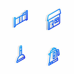 Set Isometric line House, Bed, Rubber plunger and Electric kettle icon. Vector