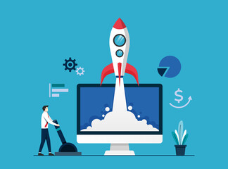 Fototapeta Businessman launch rocket. Business startup launching products with rocket symbol. Start up concept vector illustration obraz
