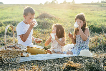 Portrait of joyful boy and two girls sitting on blanket in field, having picnic, drinking milk and...