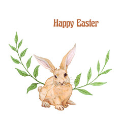 easter card, twigs greenery and bunny, invitation on a white background, village, tag, scrapbook