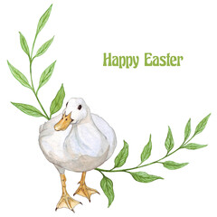 Easter card, twigs greenery and goose, invitation on a white background, village, tag, scrapbook