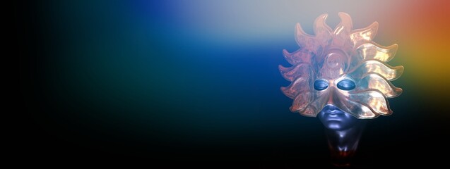 Black mannequin head with gold and red carnival mask representing a large sun, dark background with colored lights effects.