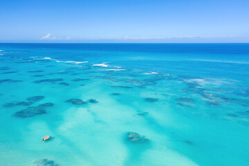 Fototapeta premium Atlantic ocean with turquoise water, reef and waves. Caribbean nature. Aerial view
