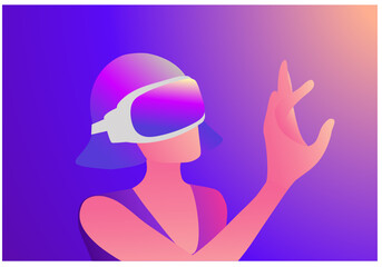 Woman wearing virtual reality goggle glass, having 3d experience in virtual reality  vector illustration. Metaverse and blockchain 3D experience technology concept