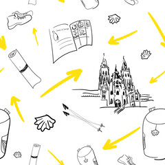 Seamless pattern with the Santiago de Compostela Archcathedral Basilica yellow arrow and pilgrim needed things. Backpack, pilgrim passport, travel mat, trekking sticks, boots, water