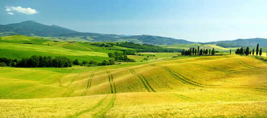 Fototapeta premium Stunning view of fields and farmlands with small villages on the horizon. Summer rural landscape of rolling hills, curved roads and cypresses of Tuscany, Italy.
