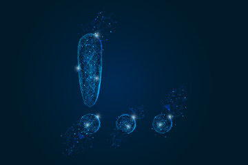 Abstract isolated blue image of a exclamation mark. Polygonal illustration looks like stars in the blask night sky in spase or flying glass shards. Digital design for website, web, internet. © Katsiaryna