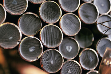 Hot rolled steel, bundle of round metal rods close-up
