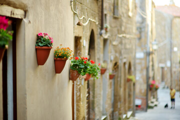 Fototapeta na wymiar Flowers on narrow old streets of the famous Pitigliano town, located atop a volcanic tufa ridge. Beautiful italian towns and villages. Etruscan heritage, Grosseto, Italy.