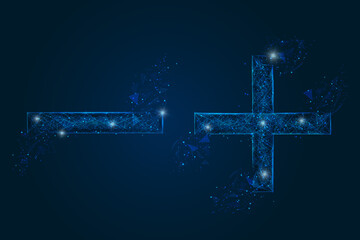 Abstract isolated blue image of a math signs. Polygonal illustration looks like stars in the blask night sky in spase or flying glass shards. Digital design for website, web, internet. © Katsiaryna