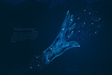 Abstract isolated image of human palm. Polygonal illustration looks like stars in the blask night sky in spase or flying glass shards. Digital design for website, web, internet. © Katsiaryna