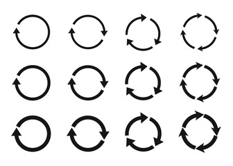 Fototapeta premium Circle arrows. Round reload or repeat icon, rotate arrow and spinning loading symbol. Circle pointer vector set. Circular rotation loading elements, redo process isolated black pictograms.