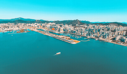 Fototapeta na wymiar Panoramic aerial view of Hong Kong city in Orange and Teal color tone
